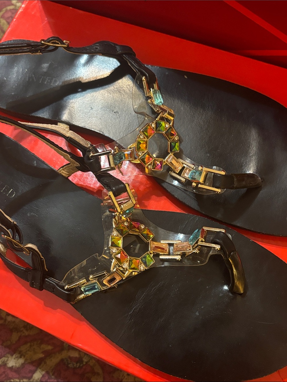 J. Crew Black T-Strap Sandals with Multicolor Gem Accents